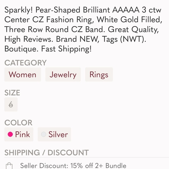 Pink Clear CZ Pear Drop Statement Ring Size 6 NWT - Picture 6 of 6